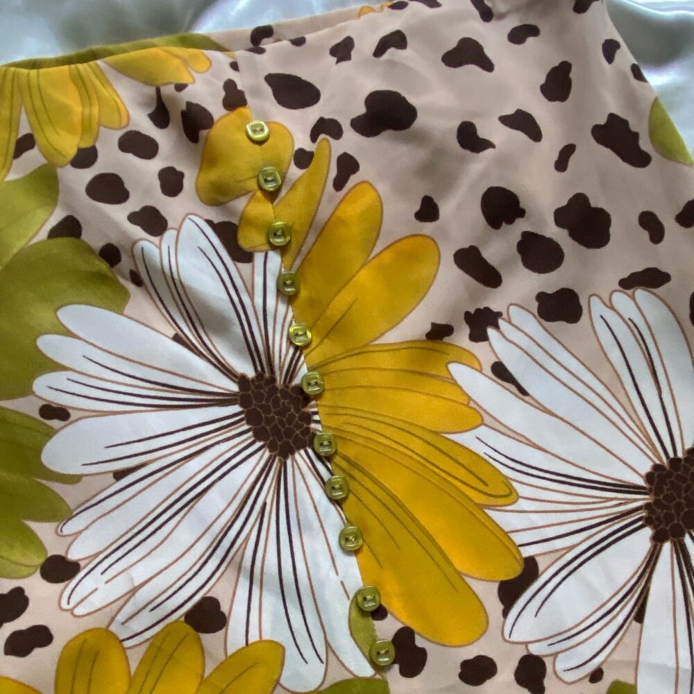 Vintage 1990s Floral Sunflower Leopard Chiffon Midi Button Skirt Boho Large - Picture 2 of 8